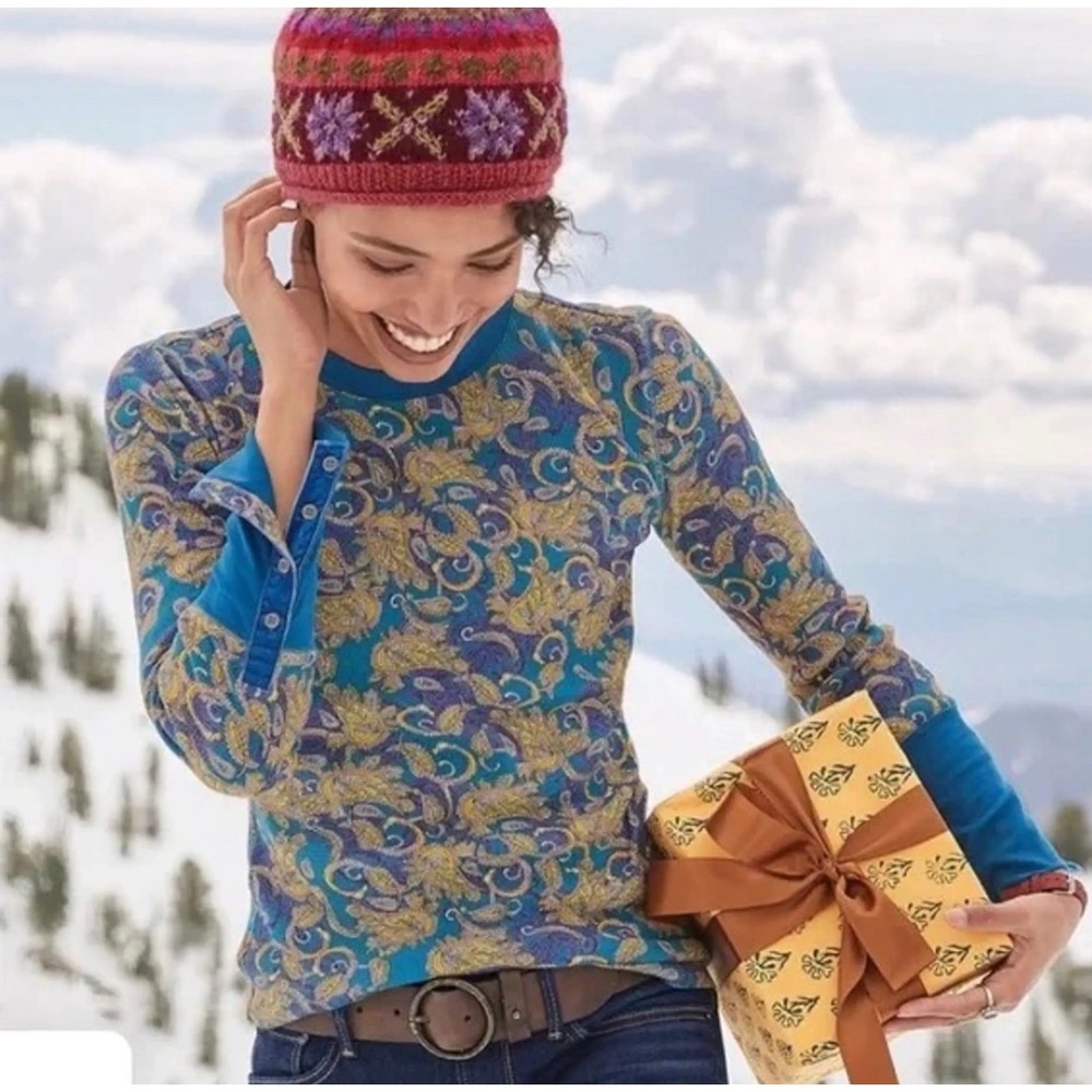 Sundance Top Thermal Waffle Knit Boho Long Sleeve Teal Paisley Medium